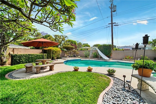 416 N Westridge Ave, Glendora, CA 91741 - view of pool featuring a water slide, a fenced backyard, a patio area, and a diving board