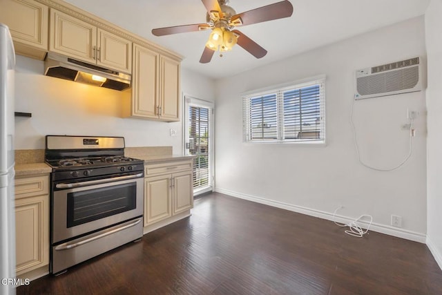 1430 Pepper Dr, Pasadena, CA 91104 - kitchen featuring cream cabinets, stainless steel gas stove, under cabinet range hood, and light countertops