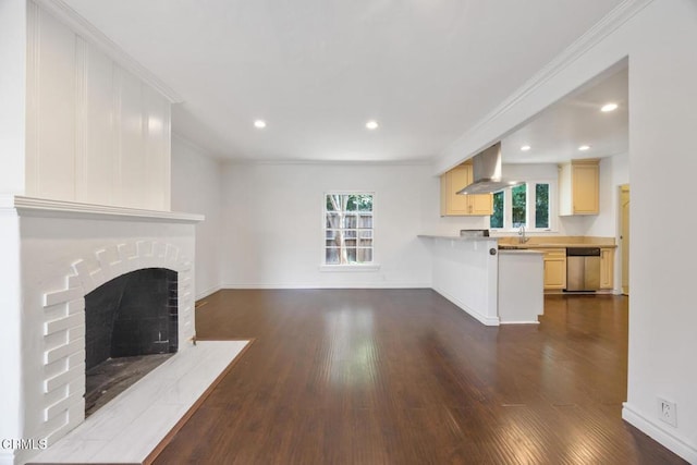 1430 Pepper Dr, Pasadena, CA 91104 - unfurnished living room featuring crown molding, dark wood-type flooring, a fireplace, and recessed lighting