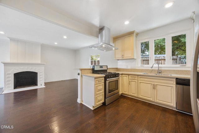 1430 Pepper Dr, Pasadena, CA 91104 - kitchen featuring stainless steel appliances, island exhaust hood, cream cabinets, light countertops, and open floor plan