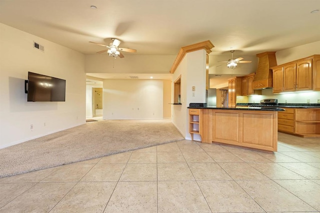 2814 Helix St, Spring Valley, CA 91977 - kitchen with custom exhaust hood, ceiling fan, appliances with stainless steel finishes, dark countertops, and light colored carpet