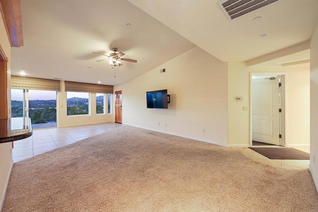 2814 Helix St, Spring Valley, CA 91977 - unfurnished living room with tile patterned floors, a ceiling fan, lofted ceiling, carpet, and recessed lighting