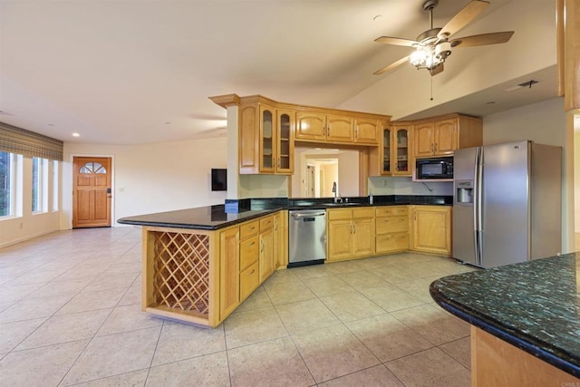 2814 Helix St, Spring Valley, CA 91977 - kitchen with stainless steel appliances, light tile patterned floors, glass insert cabinets, ceiling fan, and lofted ceiling