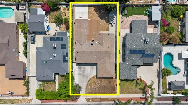 11440 Gothic Ave, Granada Hills, CA 91344 - aerial perspective of suburban area featuring a pool area and property parcel outlined