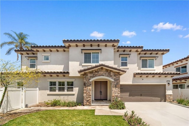 1379 Point Loma Pl, Walnut, CA 91789 - mediterranean / spanish house featuring stucco siding, an attached garage, driveway, stone siding, and a tile roof