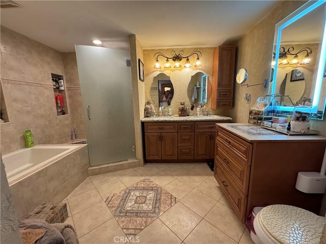 531 N Rossmore Ave Unit 202, Los Angeles, CA 90004 - bathroom featuring tile patterned floors, a bath, double vanity, and a stall shower
