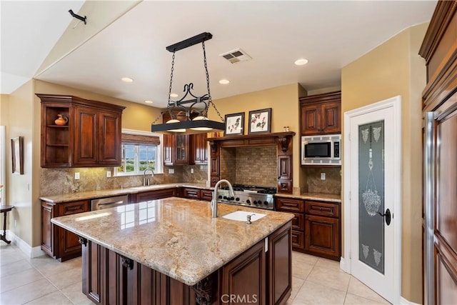 36090 Monte De Oro Rd, Temecula, CA 92592 - kitchen with stainless steel appliances, open shelves, light tile patterned floors, light stone countertops, and recessed lighting