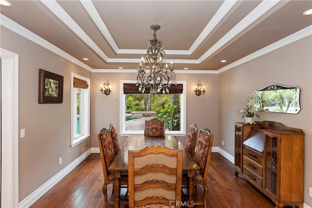 36090 Monte De Oro Rd, Temecula, CA 92592 - dining area with a tray ceiling, a chandelier, hardwood / wood-style floors, recessed lighting, and crown molding