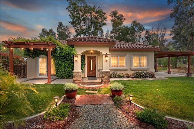 36090 Monte De Oro Rd, Temecula, CA 92592 - mediterranean / spanish house with a tile roof, stucco siding, and a lawn