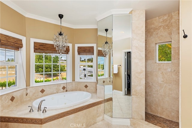 36090 Monte De Oro Rd, Temecula, CA 92592 - full bath featuring a chandelier, a whirlpool tub, plenty of natural light, and crown molding