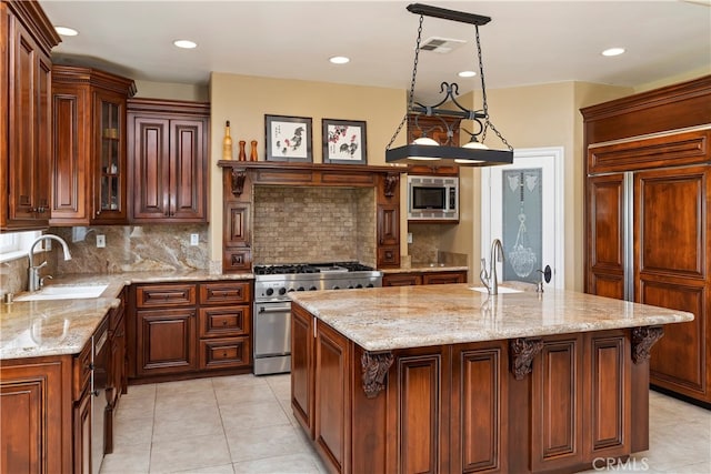 36090 Monte De Oro Rd, Temecula, CA 92592 - kitchen featuring built in appliances, light tile patterned flooring, light stone countertops, glass insert cabinets, and decorative backsplash