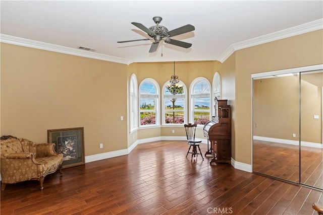 36090 Monte De Oro Rd, Temecula, CA 92592 - sitting room with a ceiling fan, ornamental molding, and dark wood finished floors