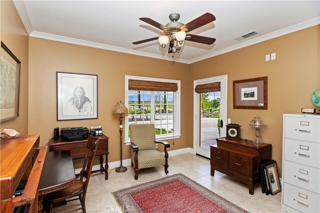36090 Monte De Oro Rd, Temecula, CA 92592 - office space with crown molding, a ceiling fan, and light tile patterned flooring