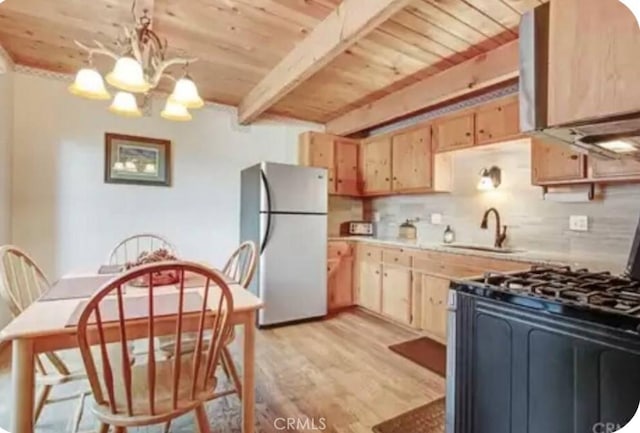 605 Kean Way, Big Bear City, CA 92314 - kitchen with freestanding refrigerator, light brown cabinetry, a wood ceiling with exposed beams, light wood finished floors, and range with gas stovetop