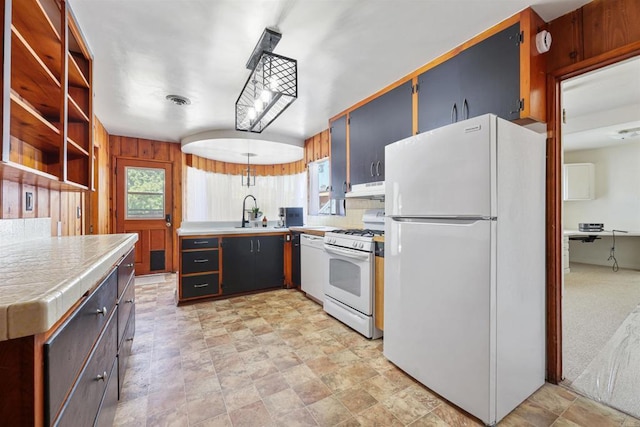 8802 Tyler St, Spring Valley, CA 91977 - kitchen with white appliances, under cabinet range hood, light countertops, and stone finish flooring