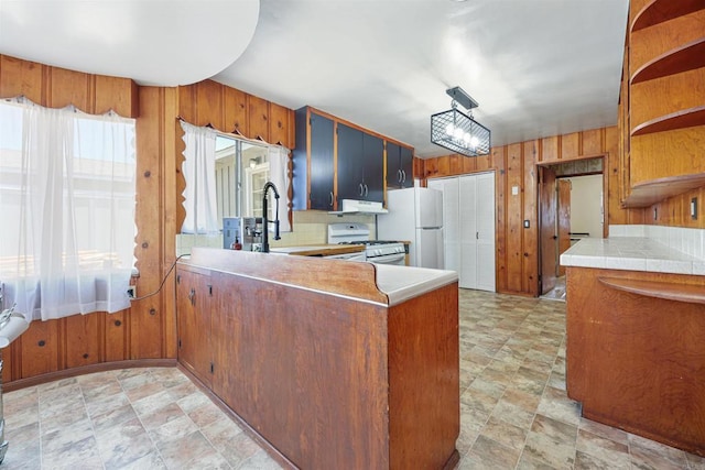 8802 Tyler St, Spring Valley, CA 91977 - kitchen featuring white appliances, under cabinet range hood, wooden walls, open shelves, and stone finish floors