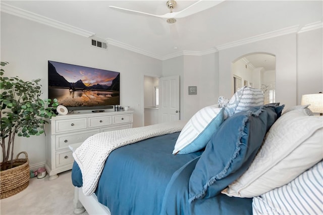 6 Camino Celeste, San Clemente, CA 92673 - bedroom featuring arched walkways, ornamental molding, light colored carpet, and ceiling fan