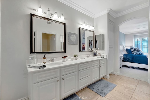 6 Camino Celeste, San Clemente, CA 92673 - full bathroom featuring connected bathroom, double vanity, ornamental molding, and tile patterned floors