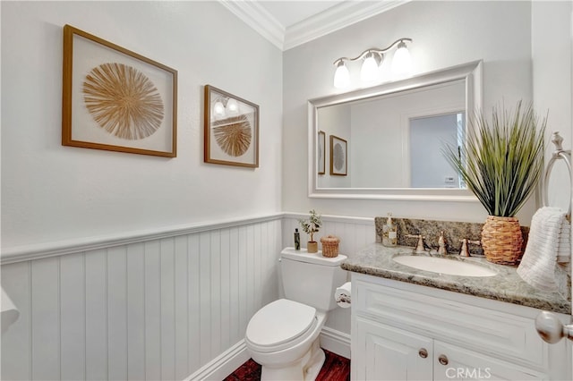 6 Camino Celeste, San Clemente, CA 92673 - half bath with vanity, crown molding, and a wainscoted wall