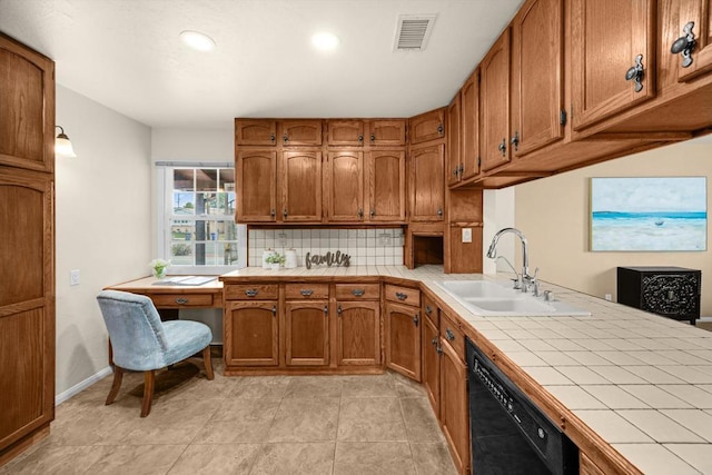 5530 Heidi St, La Mesa, CA 91942 - kitchen featuring dishwasher, brown cabinets, tile countertops, tasteful backsplash, and recessed lighting