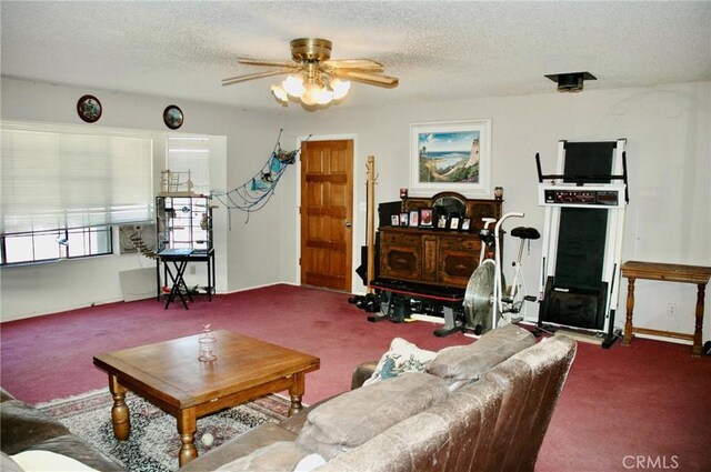 30717 Seminole Dr, Coarsegold, CA 93614 - carpeted living room featuring ceiling fan and a textured ceiling