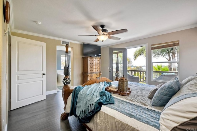 756 River Rock Rd, Chula Vista, CA 91914 - bedroom featuring access to exterior, wood finished floors, ornamental molding, and a ceiling fan