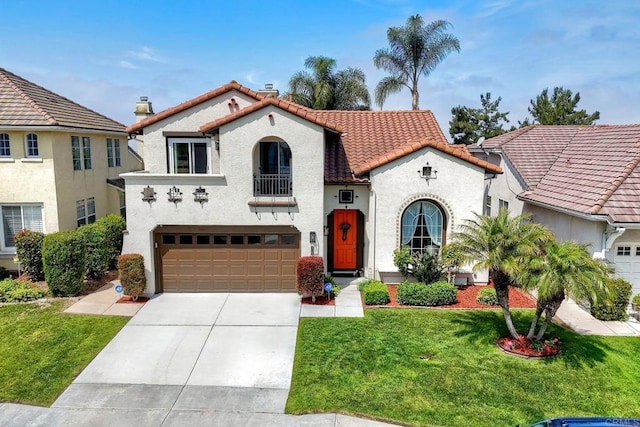 756 River Rock Rd, Chula Vista, CA 91914 - mediterranean / spanish-style house featuring a tile roof, a garage, a front lawn, concrete driveway, and stucco siding