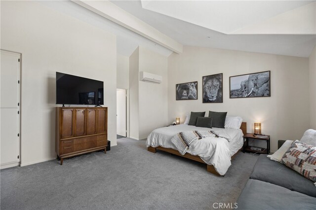 136461/2 Dronfield Ave, Sylmar, CA 91342 - carpeted bedroom featuring a wall mounted air conditioner, beam ceiling, and high vaulted ceiling