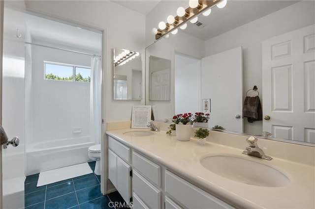 136461/2 Dronfield Ave, Sylmar, CA 91342 - full bath with double vanity, tile patterned floors, and shower / bathtub combination with curtain