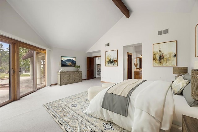 7580 E Martella Ln, Anaheim Hills, CA 92808 - carpeted bedroom featuring high vaulted ceiling, access to outside, beamed ceiling, and connected bathroom