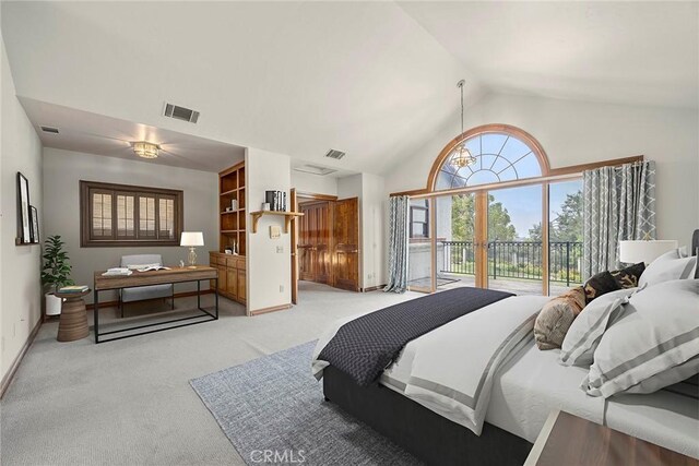 7580 E Martella Ln, Anaheim Hills, CA 92808 - bedroom featuring access to exterior, light colored carpet, and high vaulted ceiling
