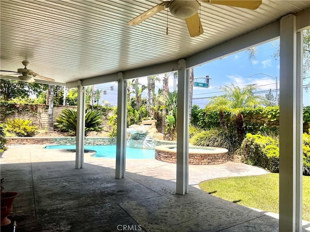 6715 Meriwether Ct, Rancho Cucamonga, CA 91701 - view of pool with ceiling fan, an in-ground hot tub, and a patio area