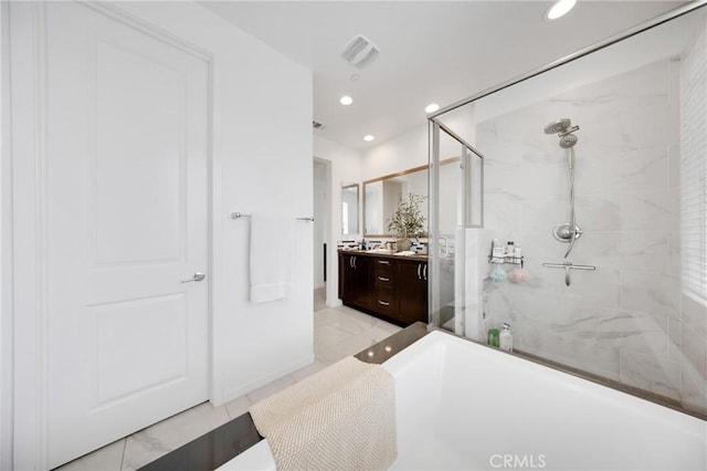 23 Vasto St, Rancho Mission Viejo, CA 92694 - full bath with a walk in shower, vanity, recessed lighting, and a freestanding bath