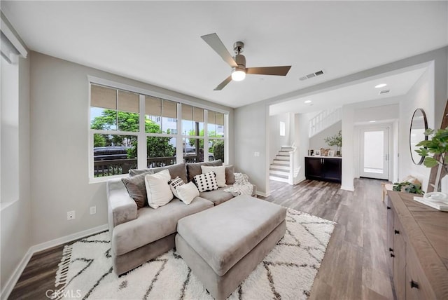 23 Vasto St, Rancho Mission Viejo, CA 92694 - living area with stairs, wood finished floors, and a ceiling fan