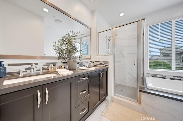 23 Vasto St, Rancho Mission Viejo, CA 92694 - full bathroom with a bath, decorative backsplash, a marble finish shower, double vanity, and recessed lighting