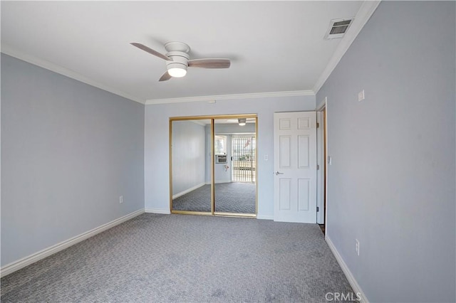 28931 Bradley Rd, Menifee, CA 92586 - unfurnished bedroom featuring carpet flooring, ornamental molding, a closet, and ceiling fan