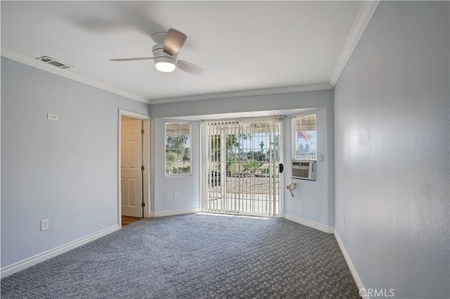 28931 Bradley Rd, Menifee, CA 92586 - carpeted spare room featuring crown molding, ceiling fan, and cooling unit