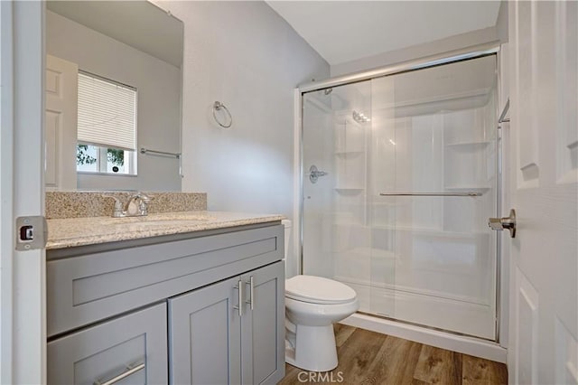 28931 Bradley Rd, Menifee, CA 92586 - bathroom featuring a shower stall, vanity, and wood finished floors