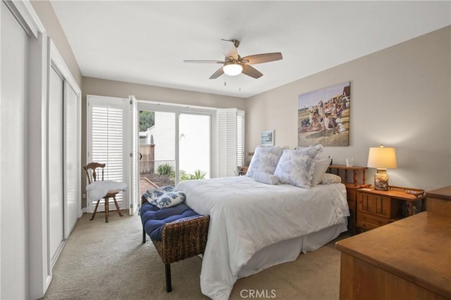 30828 Calle Chueca, San Juan Capistrano, CA 92675 - bedroom with light carpet, access to exterior, and ceiling fan