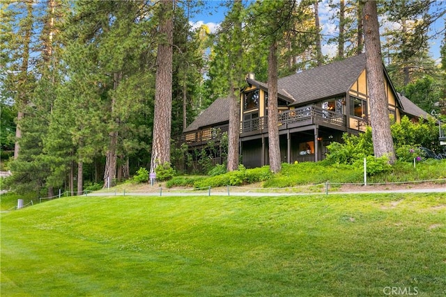 361 Riviera Dr, Lake Arrowhead, CA 92352 - rear view of property with a lawn, a deck, and a shingled roof