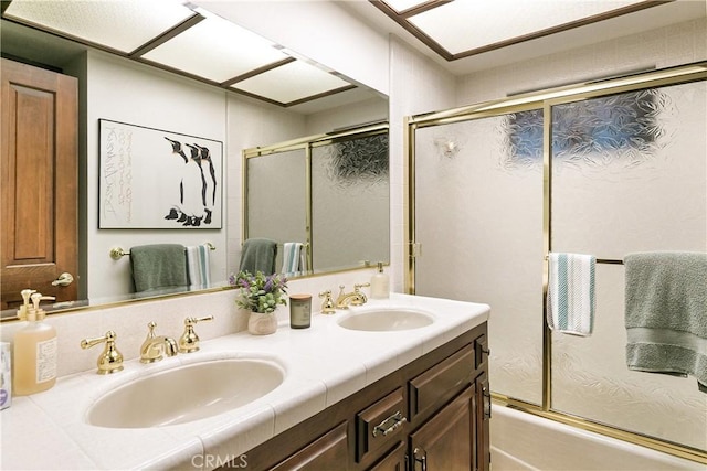 361 Riviera Dr, Lake Arrowhead, CA 92352 - bathroom with double vanity and shower / bath combination with glass door