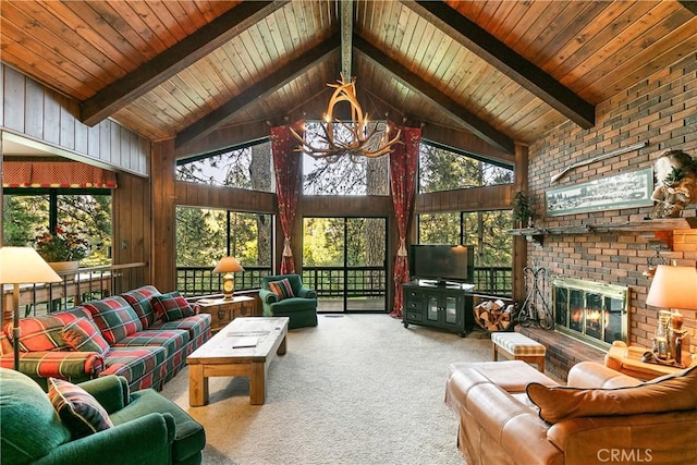 361 Riviera Dr, Lake Arrowhead, CA 92352 - living room featuring carpet floors, a chandelier, high vaulted ceiling, a fireplace, and a wood ceiling with exposed beams