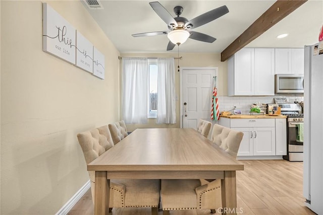 26919 Villa Ave, Highland, CA 92346 - dining room with a ceiling fan, light wood-style floors, and beamed ceiling