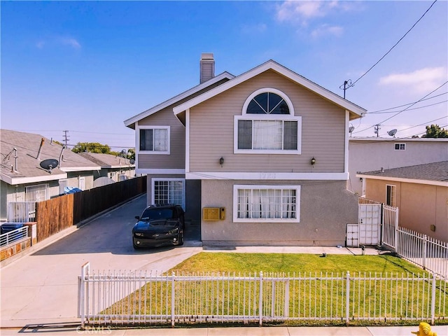 1726 W 150th St Unit 1, Gardena, CA 90247 - traditional-style house with a fenced front yard, a chimney, concrete driveway, and a gate