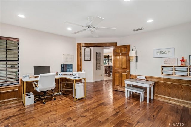 5908 Alleppo Ln, Palmdale, CA 93551 - office with wood finished floors, a ceiling fan, and recessed lighting
