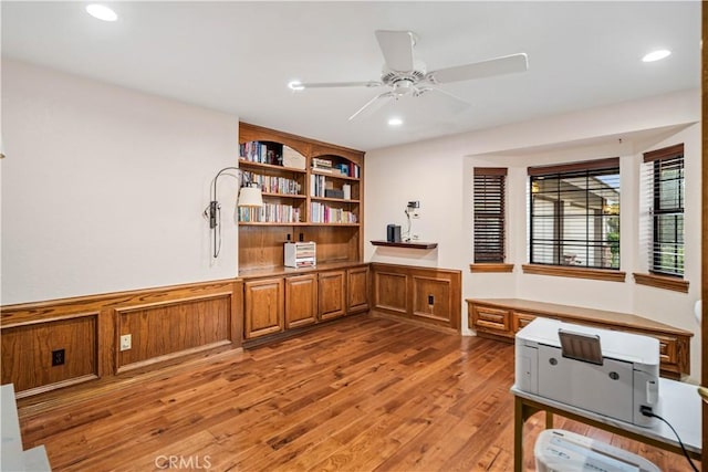 5908 Alleppo Ln, Palmdale, CA 93551 - home office featuring a ceiling fan, light wood-style flooring, and recessed lighting