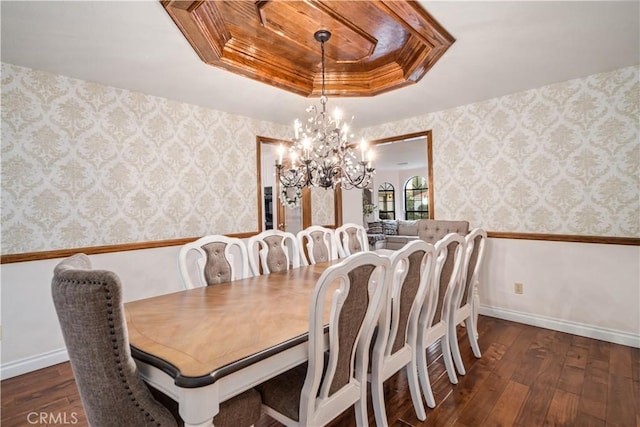 5908 Alleppo Ln, Palmdale, CA 93551 - dining room featuring a chandelier, a raised ceiling, hardwood / wood-style floors, and wallpapered walls