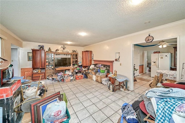 3744 Myrtle Ave, Long Beach, CA 90807 - living room featuring ornamental molding, light tile patterned floors, ceiling fan, and a textured ceiling
