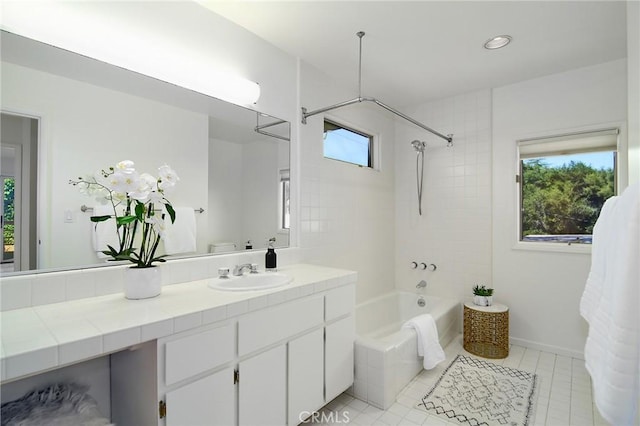 828 Wonder View Dr, Calabasas, CA 91302 - full bath with bathtub / shower combination, vanity, tile patterned floors, and recessed lighting