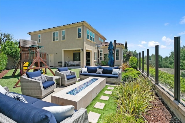 11 Juniper, Lake Forest, CA 92630 - view of patio featuring an outdoor living space with a fire pit and a playground
